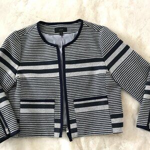 J Crew Collarless Zip Front & Zip Sleeves Striped Lined Jacket Sz 14 Navy/White
